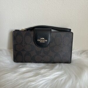 Coach Tech Phone Wallet Signature Canvas Brown Black Wristlet C2874